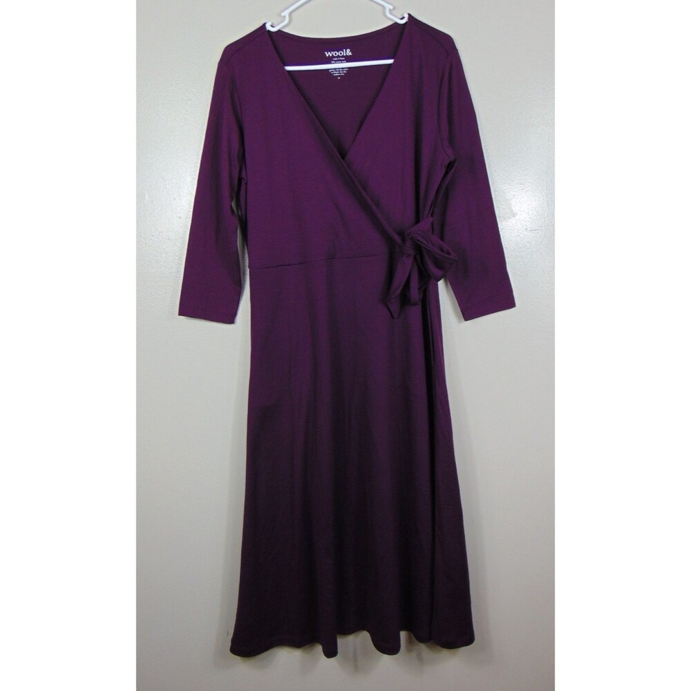 Wool& Ellie Womens Deep Purple Merino Wool Faux Wrap Dress Medium 3/4 Sleeve
